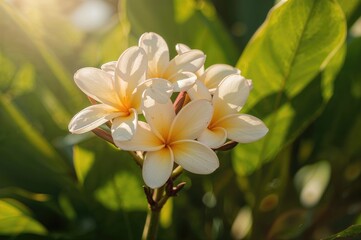 Wall Mural - close-up of plumeria flowers against a soft green backdrop with sunlight and space for text