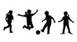 © Alex - Diverse children silhouette group engaged in dynamic outdoor play soccer and jumping actions vector
