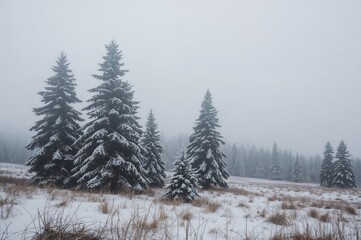 Wall Mural - magical snowy scene with towering spruce trees in a frosty field during misty dawn.