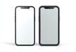 © Madinah - Two black smartphones with blank screens, side-by-side against a white background