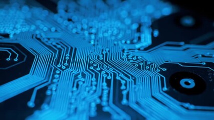 Blue Circuit Board Closeup of digital technology with data processing, and computer hardware.
