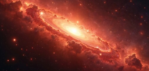Wall Mural - Vast red galaxy explodes with stars, cosmic dust clouds. Swirling nebula with bright central core, glowing particles, deep space background. Science fiction art stellar explosion, universe, cosmic