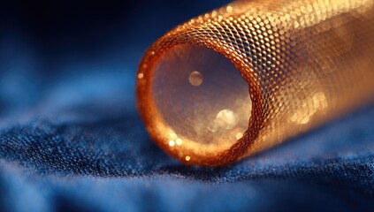 Golden mesh tube on blue fabric, close-up