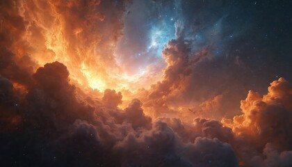 Wall Mural - Vibrant nebula with interstellar storms, ethereal volumetric lighting. Cosmic sky glows with celestial bodies, star clusters in deep space. Breathtaking astronomical phenomenon, immense universe