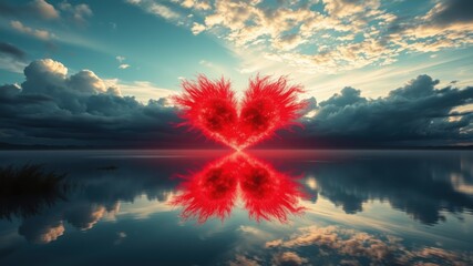 Wall Mural - A red heart shape reflected on water under a cloudy blue sky with sun rays shining through the clouds