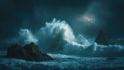  Powerful waves crashing against dark rocks at night