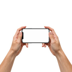 Hands holding modern smartphone with blank screen against seamless transparent display view