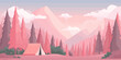© background - Peaceful camping tent in a stylized pink mountain forest landscape illustration.