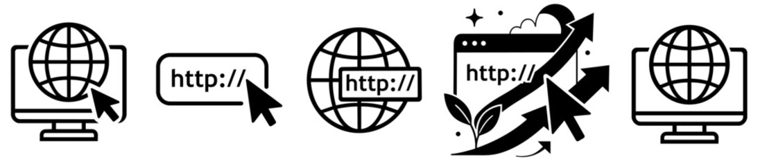 Set of internet and web icons with globe, cursor and browser window, symbols of website development, online access, digital technology, global network connection and modern communication