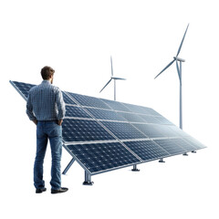 A man standing in front of a solar panel array and wind turbines, with a clear blue sky in the background.