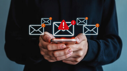 Urgent alert notification on smartphone screen with multiple email icons and warning symbol