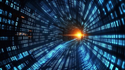 Digital Tunnel: Binary Code Flowing Towards Light