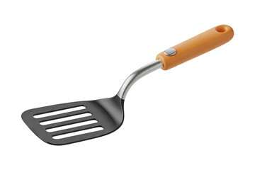 Sleek slotted spatula in stainless steel with orange handle for culinary creations and kitchen designs