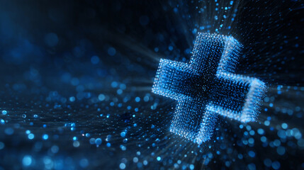 A glowing blue plus sign formed from small dots floating in a dark blue abstract space with bokeh