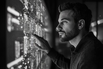 A man interacts with a large digital display, analyzing complex data patterns and visualizations.