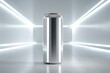 © whitestorm - Sleek silver beverage can mockup in modern, futuristic white studio setting.