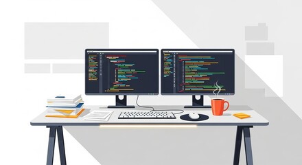 Workspace with two computer monitors displaying code isolated on white background