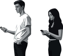 Young man and woman using smartphones digital communication concept vector illustration 