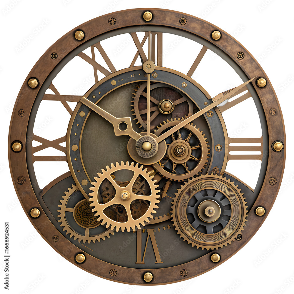 Intricate steampunk clock face with visible gears and roman numerals ...
