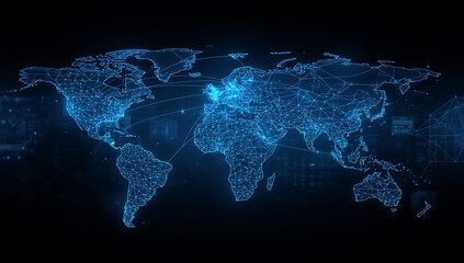 Global connectivity and digital network concept with illuminated futuristic world map.