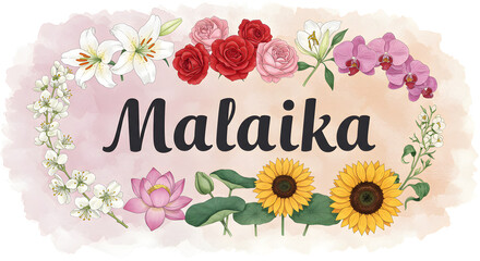  Malaika Name Design with Floral Wreath | Personalized Decoration for Wall Art, Invitations and Baby Shower Decor