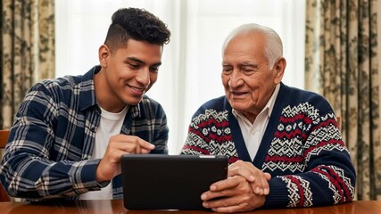 Latin Grandfather and Grandson Using Tablet Together