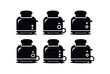 © Svetanych - vector solid black filled icons toaster with bread (stainless steel): reflective surface slot lines button icons cord plug shadow smear light rim.