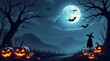 © Zahid - Spooky halloween night with jack o lanterns and a witch. Holiday event halloween banner background concept