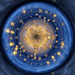Wall Mural - Conceptual microscopic view inside a high-speed gas centrifuge, showing glowing gas separating: heavier blue isotopes move outward, lighter golden isotopes concentrate at the center.