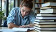 © Kanin - Workaholic hospital tired intern leaning on pile of textbooks while typing notes, exhaustion visible, photo realistic style, high resolution, clear composition