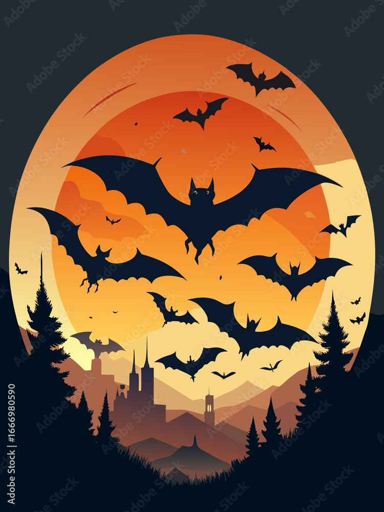 Spooky halloween night scene with silhouetted bats flying across a ...