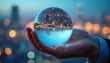 © Vadym - Financial expert holds crystal ball with city skyline reflection, foretelling economic trends. Focus on business strategy, market analysis, investment growth, and future planning insights.