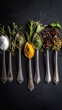 © putro - Vintage Spoons Filled with Assorted Herbs and Spices on Dark Background.
