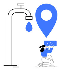 Water tap releasing drop, blue location marker, kneeling developer holding code. Ideal for data flow, online infrastructure, resource management, technology, mapping, innovation simple landing page