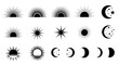 © Avoxel - Collection of sun and moon icons; various styles, sunrise, sunset, crescent, full.