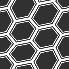 Vector art of abstract geometric pattern of black hexagons with white outlines, creating a modern and minimalist honeycomblike structure on a dark background