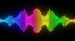 © Rihad - Vibrant rainbow sound wave equalizer graphic displaying audio frequencies with colorful pulsating bars on a dark background