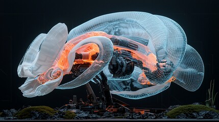 Transparent robot shell reveals mechanical interior, highlighting construction on dark, futuristic surface.