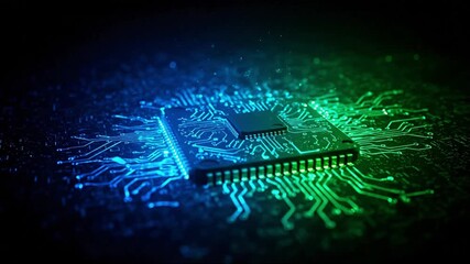 A litup circuit board with blue and green glow dark background