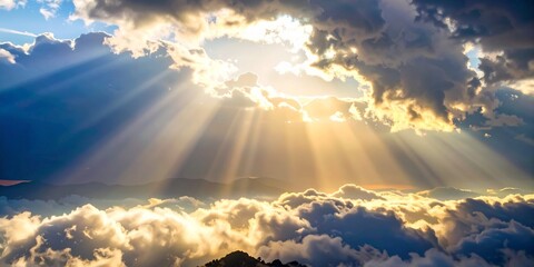 a serene and mystical view of sunlight breaking through thick clouds, with soft beams of light strea