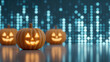 © Chaiwit - Halloween mystery primary, Halloween pumpkin mystery glowing light primary decoration with blurred background and reflection on surface