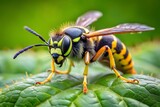 Close up macro photograph of a yellow and black striped wasp on a green leaf