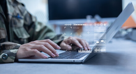 soldier man hand click on laptop to use program of radar and radio aviation for test system of track