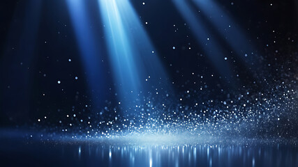 Wall Mural - blue stage spotlight background with magical shining glitter particles and glowing light rays.