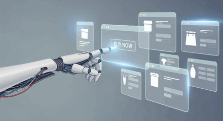 A robot hand taps a Buy Now button on a translucent screen displaying fashion items against a gray backdrop