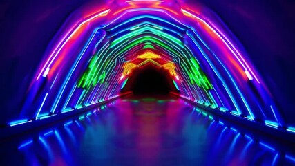 Neon rainbow tunnel colorful light arch glowing lines futuristic corridor with vibrant reflection and symmetry, immersive abstract modern visual