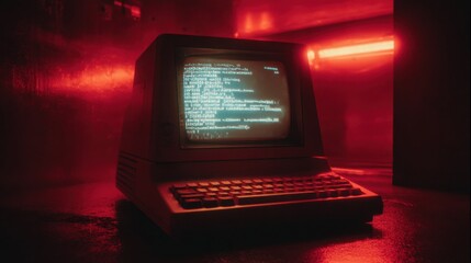 A vintage computer sits in a dimly lit environment, illuminated by red lights. The screen displays lines of code, emphasizing the contrast between old technology and a modern atmosphere.