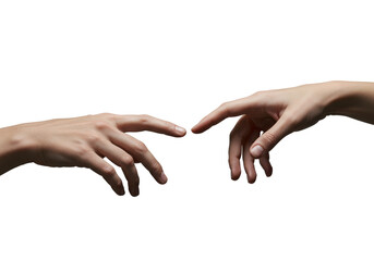 Two graceful human hands with subtle fine lines, clean nails, fingertips poised millimeters apart on a seamless transparent studio background with soft diffused light, concept of delicate human