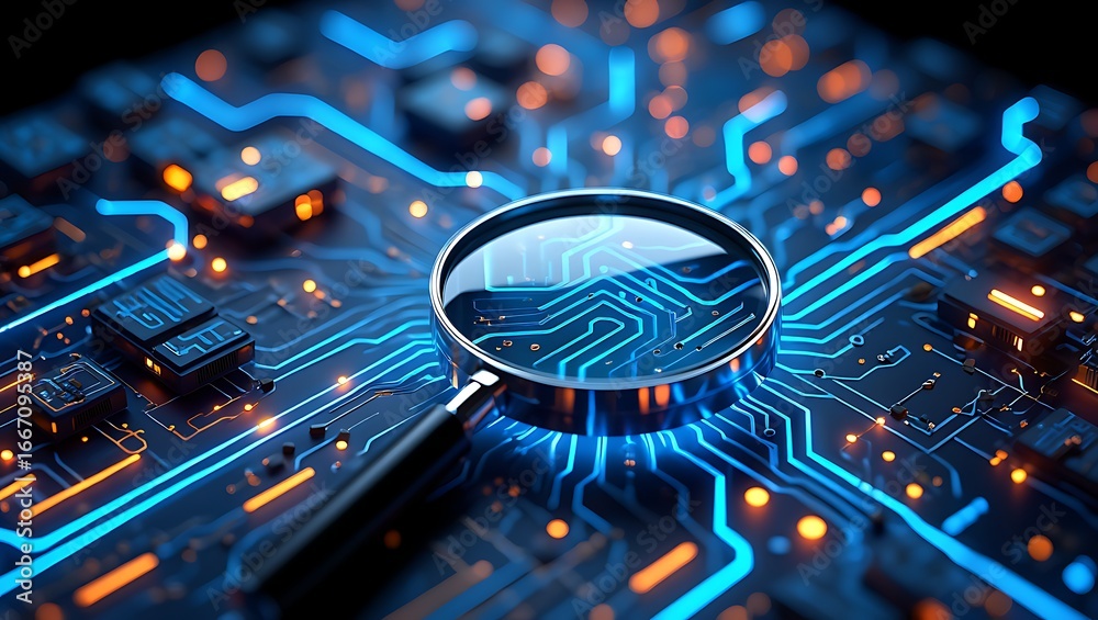 Magnifying glass over a glowing blue and orange circuit board ...