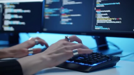 Coder's hands typing code on illuminated keyboard, dual monitors displaying program script in a blue-lit office